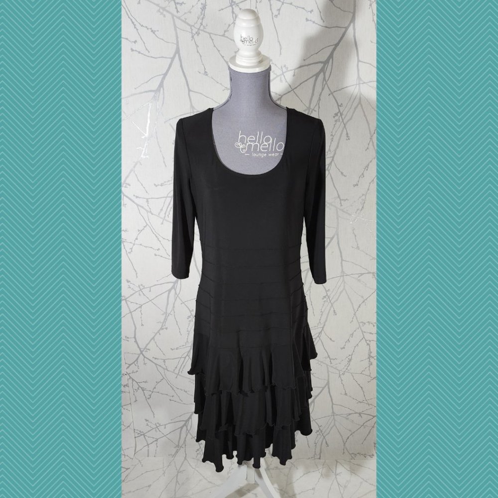 Nueva Black Knit Scoop Neck Tiered Peplum Hem Midi Dress